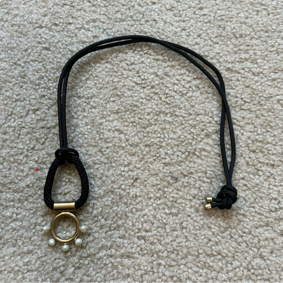 Black Rope Necklace with Gold & Pearl Pendant - Picture 4 of 7